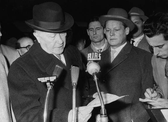 Dec. 4, 1958 - Berlin, Germany - West Germany s first chancellor KONRAD ADENAUER began his career in politics as a member of the Cologne City Council, becoming lord mayor of the city. Adenauer was elected Chancellor of the Federal Republic of Germany on 15 September 1949. PICTURED: KONRAD ADENAUER during a special meeting of Berlins senate with mayor WILLY BRANDT. Berlin Germany  - ZUMAk09