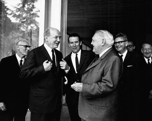 May 8, 1960 - Location Unknown - LUDWIG ERHARD (1897-1977) was a German politician who served as Chancellor of Germany from 1963 until 1966. PICTURED: Ludwig Erhard laughs with colleagues. n a n a  - ZUMAk09