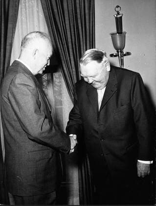 May 8, 1960 - Location Unknown - LUDWIG ERHARD (1897-1977) was a German politician who served as Chancellor of Germany from 1963 until 1966. PICTURED: Ludwig Erhard meets President DWIGHT D. EISENHOWER. n a n a  - ZUMAk09
