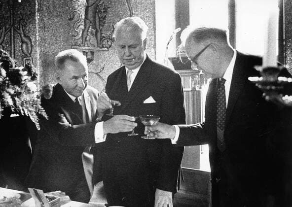 July 13, 1968 - Stockholm, Sweden - Soviet politician ALEXEI KOSYGIN toasts with Swedish Prime Minister TAGE ERLANDER and town councellor CARL-ALBERT ANDERSOON during his luncheon at town hall. Stockholm Sweden  - ZUMAk09
