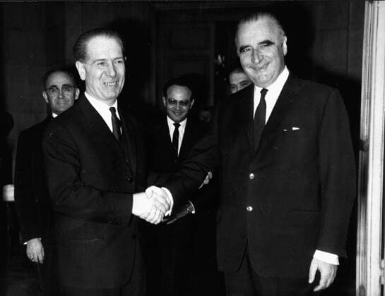 May 8, 1960 - Location Unknown - JENO FOCK (1916-2001) was a Communist politician who served as Chairman of the Council of Ministers of the People s Republic of Hungary. PICTURED: Jeno Fock in a meeting with President of the French Republic GEORGES POMPIDOU.  - ZUMAk09
