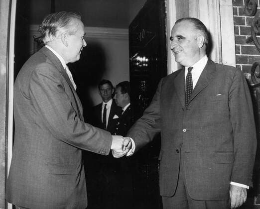 May 8, 1960 - London, England, U.K. - GEORGES POMPIDOU (1911-1974) was a French politician who served as the Prime Minister of France and later President of the French Republic. PICTURED: Georges Pompidou shakes hands with a colleague as he leaves No. 10 Downing Street. n a n a  - ZUMAk09