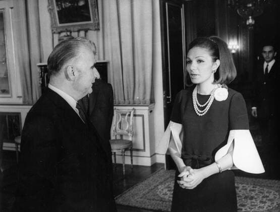 May 5, 1968 - Tehran, Iran - President of France GEORGES POMPIDOU chatting with FARAH PAHLAVI, the Empress consort of Iran, at the Royal Palace of Tehran. Tehran Iran  - ZUMAk09