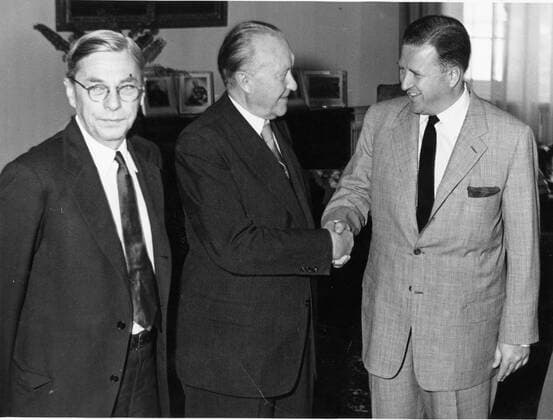 Aug. 5, 1960 - Detroit, Michigan, USA - HENRY FORD II (R) (1917-1987), commonly known as HF2 and Hank the Deuce , was the son of Edsel Ford and grandson of Henry Ford. He was president of the Ford Motor Company from 1945 to 1960, chairman of the board and chief executive officer (CEO) from 1960 to 1979. PICTURED: Henry Ford II shaking hands with Chancellor KONRAD ADENAUER. Detroit USA  - ZUMAk09