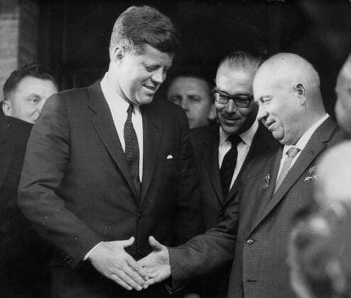 June 3, 1961 - Vienna, Austria - President JOHN F. KENNEDY of the United States, greeted Mr. NIKITA KHRUSHCHEV with a handshake, when the Russian leader arrived at the United States Embassy in Vienna to start their talks. Vienna Austria  - ZUMAk09