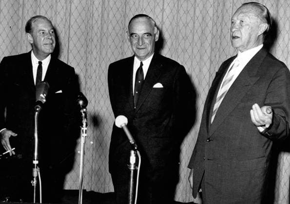 Sept. 19, 1961 - Bonn, Germany - General LUCIUS D. CLAY was an American general and military governor best known for his administration of Germany immediately after World War II. PICTURED: From left, U.S. Ambassador to Germany WALTER C. DOWLING, Clay, personal advisor to President Kennedy; and German Chancellor KONRAD ADENAUER. Bonn Germany  - ZUMAk09