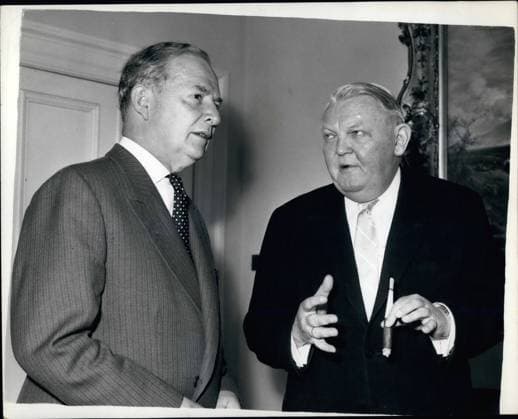 Jan. 01, 1962 - West German Economics Minister goes to the Treasury talks on Common market - Forces costs etc.: Dr. Erhard the West German Economics Minister who arrived in London yesterday - this morning visited the Treasury for start of his talks with Selwyn Lloyd the Chancellor of the Exchequer on the Common Market- Overseas Development and British Forces Cost in Germany. Photo shows Dr. Erhard with Mr. Selwyn Lloyd- at the Treasury this morning.  - ZUMAk09