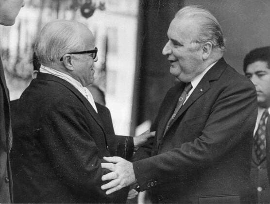 Apr. 5, 1962 - London, England, U.K. - GEORGES POMPIDOU (1911-1974) was a politician who served as Prime Minister of France and later President of the French Republic. PICTURED: Georges Pompidou greets a friend. London UK  - ZUMAk09