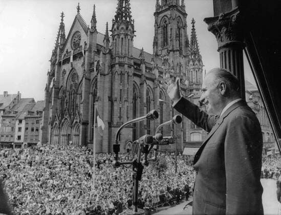 Apr. 5, 1962 - London, England, U.K. - GEORGES POMPIDOU (1911-1974) was a French politician who served as Prime Minister of France and President of the French Republic from 1969 until he died in 1974. PICTURED: Georges Pompidou greets citizens at press conference. London UK  - ZUMAk09