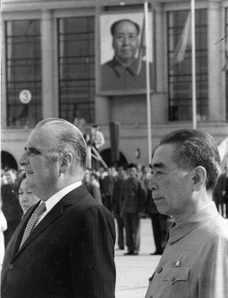 Sep. 13, 1973 - Beijing, China - President of the French Republic GEORGES POMPIDOU is welcomed by Premier ZHOU ENLAI upon his arrival in China. Here they are listening to the national anthem. Beijing China  - ZUMAk09
