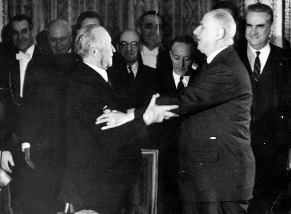 Jan. 22, 1963 - Paris, France - German statesman KONRAD ADENAUER and CHARLES DE GAULLE after concluding the Elysee Treaty also known as the Treaty of Friendship. It set the seal on reconciliation between the two countries. f rivalry between them. PICTURED: The men shake hands after the signing. Paris France  - ZUMAk09