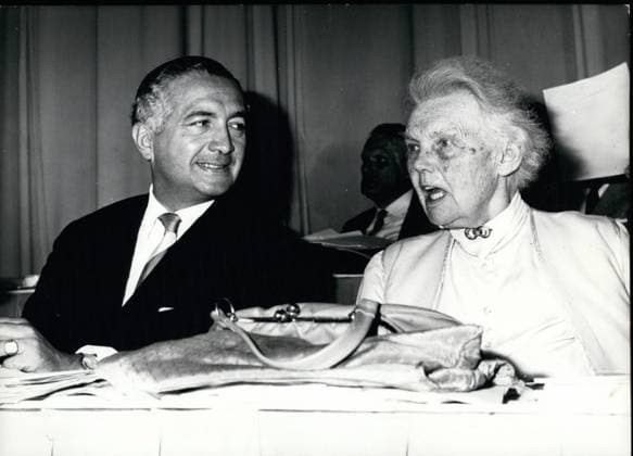Jul. 07, 1963 - FDP-Party-Day at Munich. From July 1st till July 3rd in Munich took place, the 14, Bundesparteitag (14. federal-Party-Day) of the FDP. Our picture shows the leader of the Party, Dr. Erich Mende, and Mrs. Dr. Luders, also FDP, the Olders-President of the Federal Diet.  - ZUMAk09
