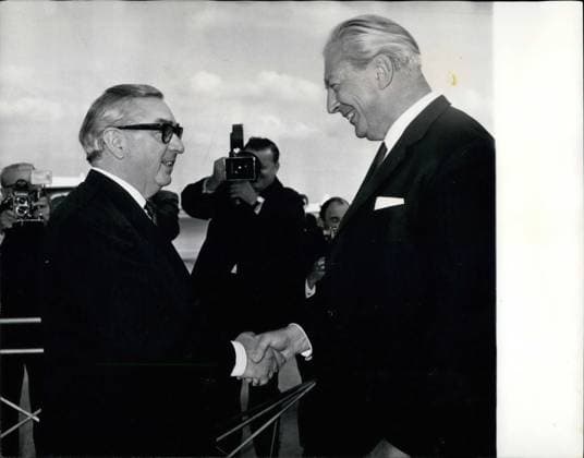 Oct. 10, 1967 - Dr. Kiesinger Arrives In London: West German Chancellor Kurt Georg Kiesinger, arrived at London Airport today on~a three-day visit to Britain at the invitation of the Prime Minister. Dr. Kiesinger, a key figure in Britain s bid to join the Common Market, is visiting Britain for the first time since he became Chancellor. He was met at the airport by the Foreign Secretary, Mr. George Brown. Photo Shows: Mr. George Brown seen greeting Dr. Kiesinger, on the letter s arrival at London Airport today.  - ZUMAk09