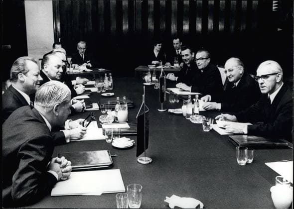 Mar. 03, 1970 - Meeting of Willy Brandt, the Chancellor of the Federal Republic of Germany and Willi Stoph, the Minister President of the German Democratic Republic in Erfurt on March 19th, 1970: Conference in Erfurt. From left to right sitting (right row): Minister President Willi Stoph Minister for Foreign Affairs of the GDR, Otto Winzer, Gunther Kohrt, State Secretary in the Ministry for Foreign Affairs of the GDR, Dr. Gerhard Schubler, delegate of the head of the office of the Cabinet Council of the GDR; left row: (frong to back): Conrad Ahlers, State Secretary of the FRG, Chancellor Willy Brandt, Egon Franke, Federal Minister.  - ZUMAk09