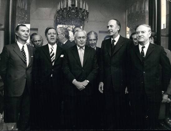 Dec. 11, 1974 - During the European summit that met in Paris, the heads of the governments in the European community decided to meet from now on three times a year for a European Council. Pictured after their working session, from left to right: Leo Tindemans (Belgium), Chancellor Helmut Schmidt (Germany), Harold Wilson (Great Britian), Valery Giscard d Estaing, & Liam Cosgrave (Ireland). Joop den Uyl (Netherlands), Poul Hartling (Denmark), and Aldo Moro (Italy)  - ZUMAk09