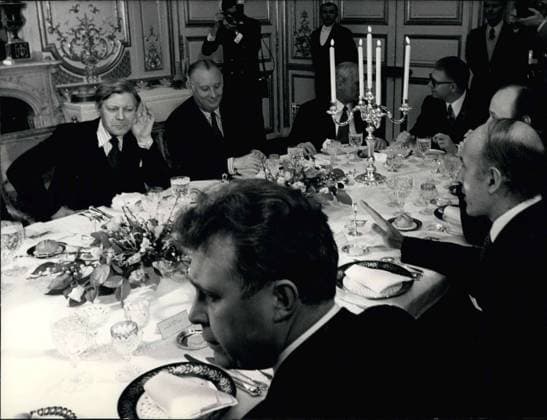 Feb. 04, 1975 - Going around the table from left to right: Chancellor Helmut Schmidt, Michel Poniatowski (Minister of Interior), Ernst Leber (German Minister of Defense), JP Fourcade (French Minister of Finances), Hans Dietrich Genscher (German Minister of Foreign Affairs) & President Giscard d Estaing & Apel, German Minister of Finances.  - ZUMAk09