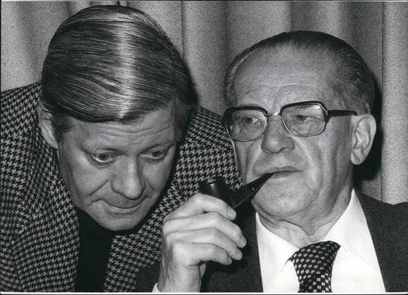 Nov. 11, 1977 - In the Congress- center in Hamburg (FRG) at the present takes place the party rally of the Social Democratic Party (SPD). In his opening address the party-chairman Willy Brandt said to C. 430 delegates, that also in time of economical difficulties the SPD doesn t want to retire from the government-responsibility. The most discussed question at the five-day party rally is the nuclear energy and all its problems. rally is the nuclear energy and all its problems. Photo shows Federal Chancellor Helmut Schmidt and the parliamentary leader of the SPD Herbert Wehner at the SPD-party rally in Hamburg.  - ZUMAk09