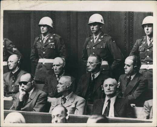 Sep. 09, 1946 - Judgement Day At Nuremberg Defendants Hear Verdict: Some of the chief defendants seen in the dock at Nuremberg Back now Left to Right Alfred Jodl, Franz Von Papen; Arthur Seys - Inquart; Albert Spee~. Front row Left to Right Erich Raeder; Wilhelm Frick and Julius Streicher.. They are listening to the verdict during the final stages of the greatest trial in history.  - ZUMAk09