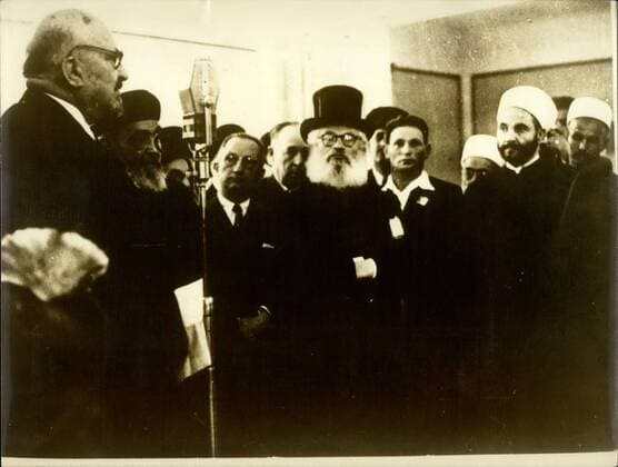 Dec. 01, 1949 - Israel Celebrates Dr. Weizmann s 75th. Birthday The 75th birthday of Dr. Chaim Weizmann, the first President of Israel - was celebrated throughout the country. In the President s office at Hakiryah the President and his wife received a number of delegations who came to offer congratulations and best wishes.. Keystone Photo Shows:- Dr. Weizmann replies to the many wishes of the assembled company in his office.  - ZUMAk09