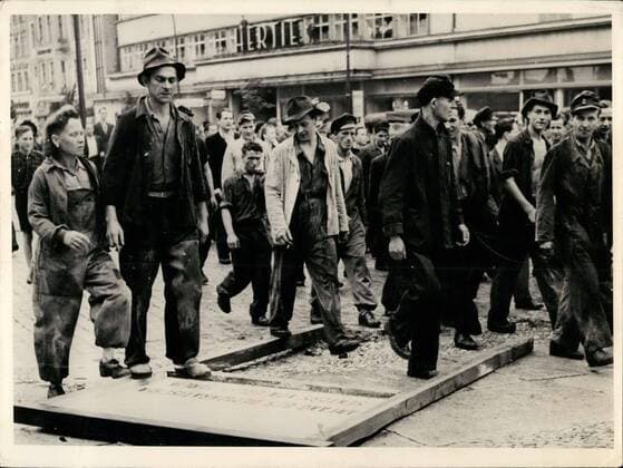 Jun. 18, 1953 - Demonstrations and riots in East - Berlin - Soviet Occupation Troops go into action against Civilian population: Heavy demonstrations and street -fights occurred in Berlin when laborers residing in East Berlin revolted against the East German Blood - Regime. Trusting that the Soviet high Commissioner, Semjono~, would immediately remove the Ulbricht - Grotsewohl government, the laborers rose-up and demanded liberty, freedom of speech and De-activation of the People s Police . To the surprise of many demonstrators, the Russian town commander ordered a tank - brigade into the threatened area, in order to maintain public security and to protect the life of Soviet citizens.  - ZUMAk09