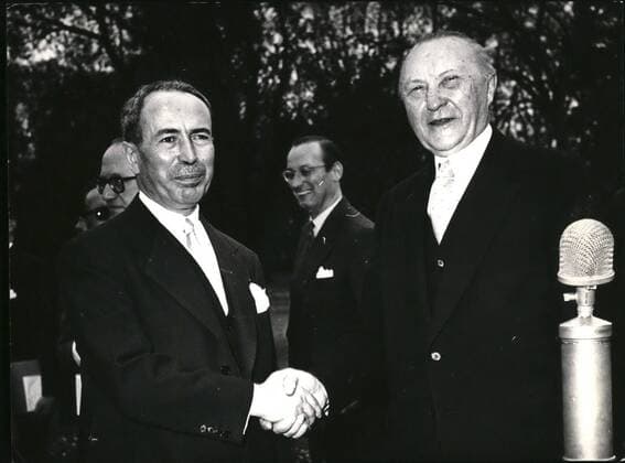 Apr. 04, 1955 - Pinay at Bonn . The French foreign minister the German Chancellor Dr. Konrad Adenauer for the first time at the Palais Schumburg in Bonn.  - ZUMAk09