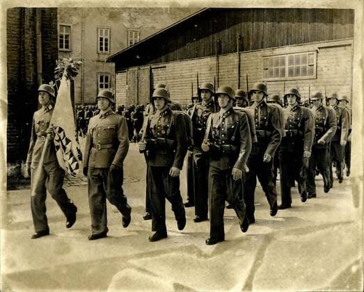 Jul. 22, 1955 - Nucleus of the New Austrian Army the B Gendarmery.. With the newly granted freedom of Austria-the B Gendarmery has been transferred from the Austrian Home Ministry to the Ministry of the Defence to form the nucleus of the new Austrian Army. Their uniforms are similar to those of teh pre-war Austrian army. Photo shows The scene as men of the Austrian B Gendermary pass over from the Home Office to the Defence Ministry in Vienna.  - ZUMAk09