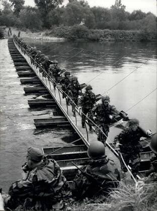 Oct. 18, 1956 - Ponton-Bridge Over the Danube: In a manoevre of Bavarian Engineer-Training-Battalion a bridge was built over the Danube. It is the first bridge, built by German soldiers after the war the Danube.  - ZUMAk09