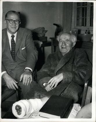 Nov. 07, 1957 - Ben Gurion Recuperating After Being Injured In Grenade Throwing Incident: The Israeli Prime Minister, Mr. Ben Gurion, and four other Ministers, were injured when a hand-grenade was thrown from the Public Gallery in the Khasset (Parliament), in Jerusalem last Thursday. Photo shows Mr. Ben Gurion (right), who is recuperating in hospital in Jerusalem - is visited by U.S.A. s Agricultural Secretary, Ezra Taft Benson.  - ZUMAk09