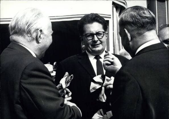 Jun. 15, 1966 - Pictured are Federal Minister of Transportation Hans Christoph Seebohm(left), mayor of Munich Dr. Hans-Jochen Vogen (middle),and Bavarian Prime Minister Alfons Goppel(right) on June 15 in Munich. They met to discuss public transit construction and possibilities.  - ZUMAk09