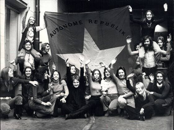 Dec. 29, 1970 - Proclamation of an independent Hippie-Republic in Zurich: In order of defendant their home, an old bunker from second war, against the interference of the local authorities, the Hippies of Zurich have created their own and independent republic. Photo Shows the citizens of the new state with their flag.  - ZUMAk09