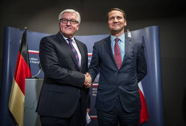German Minister of Foreign Affairs Frank-Walter Steinmeier in Warsaw German Minister of Foreign Affairs Frank-Walter Steinmeier and Radoslaw Sikorski, Polish Minister of Foreign Affairs attend a press conference on July 23, 2014 in Warsaw, Poland. EN_01138314_0001 