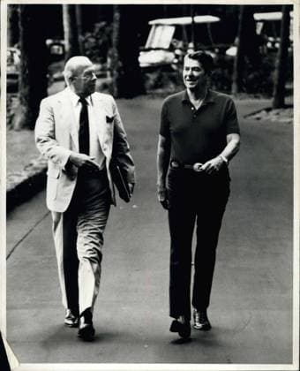 Aug. 16, 1982 - On A Path For Middle East Peace Camp David, MD: Secretary Of State George Shultz And President Ronald Reagan Are Shown As They Strolled Down A Garden Path At Camp David After The Secretary Briefed The President On The Progress Of Talks On The War In Lebanon. White House Photo From Consolidated.  - ZUMAk09