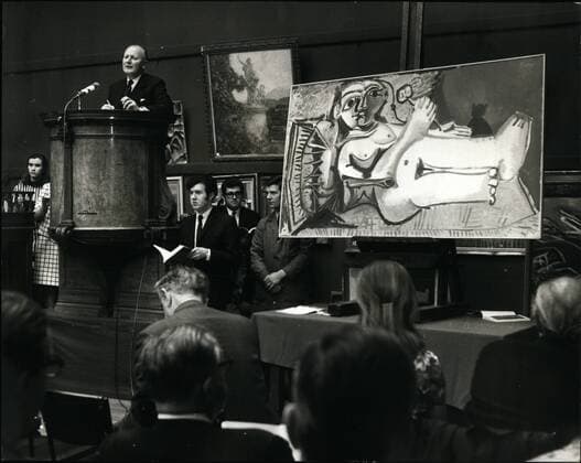 Apr. 24, 1968 - A Picasso sold for &pound;28,000 Art Sale at Sotheby s - A sale of Impressionist and Modern Paintings, Drawings and Sculpture, was held today at Sotheby s. Keystone Photo Shows:- The scene at Sotheby s this morning, during the sale of Femme couchee au Chat by Pablo Picasso, which was sold by &pound;28,000.  - ZUMAk09