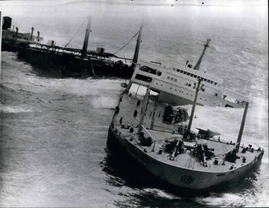 Mar. 03, 1967 - The Torrey Canyon Pounded By Gales And A Lashing Sea Has Bow Broken In Three The wrecked oil tanker Torrey Canyon, pounded by gales and heavy seas, has now broken-up in three parts. Half the ship s 120,000-ton cargo of thick black oil has poured into the sea and is being driven slowly up the English Channel - menacing the whole South Coast beaches. Photo Shows:- A picture from the air showing the giant waves breaking over the decks of the broken oil tanker Torrey Canyon yesterday.  - ZUMAk09