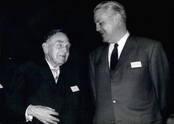 Jul. 07, 1967 - Pictured here are Nobel Prize Winner Otto Hahn and Federal Minister for Research and Education Stoltenberg, They are in Lindau to attend the 17th Lindau Convention for Nobel Prize Winners. The meeting this year deals with chemistry and began on July 3. St  - ZUMAk09