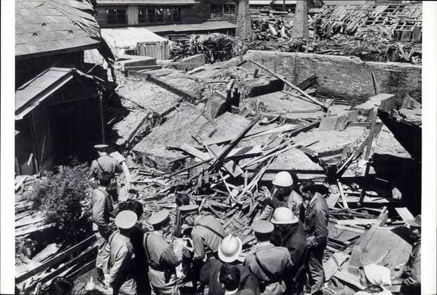 May 17, 1968 - Big Earthquakes Rock North Japan: Two violent earthquake struck an extensive area in Northern Japan on Thursday May 17, 1968, killing 38 people, injuring many, and destroying 800 buildings. Fires and tidal waves followed driving ships on the rocks, and sinking many fishing boats. It was the worst earthquake since the Good Friday earthquake in Alaska in 1964. The Northern Japan earthquake registered 7.8 on the Richter scale, just short of the 7.9 which leveled Tokyo and Yokohama in 1923 killing 100,000 people. Wrecked houses in the town of Hachinohe, Aomori Prefecture reduced to rubble by the violent earthquakes.  - ZUMAk09