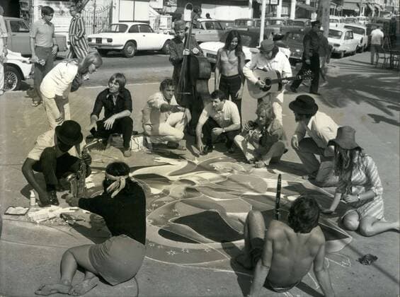 Sep. 14, 1968 - Raymond Moretti, a painter who is know all over the world, has abandoned his luxurious career to paint on the sidewalks of Juan-les-Pins. He is doing it for a movie called Le Temps Fou that Marcel Camus is currently filming on the French Riviera. Surrounded by beatniks and hippies, Raymond Moretti makes a drawing on the sidewalk in Juan-les-Pins.  - ZUMAk09