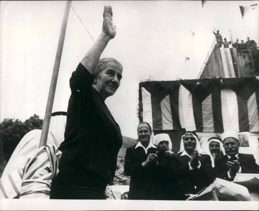 Apr. 04, 1969 - Nebi Shu eib Fete.: The annual Nebi Shu eib celebrations of Israel s Druse community was held recently under the patronage of Israel s Prime Minister, Golda Meir at the traditional site of the tomb of Jethro, Moses father-I n-law, at Hittin, near Tiberias. Among the Druse were a division of Druse who serve in the Israel Defence Forces. Photo Shows Israel Prime Minister, Mrs.Golda Meir, welcomes the Druse community ix  - ZUMAk09