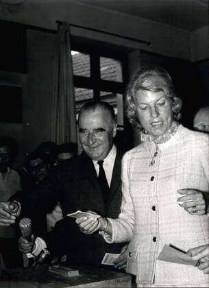 Jun. 15, 1969 - Here is a picture of Georges Pompidou, a presidential candidate, with his wife in a voting office.  - ZUMAk09