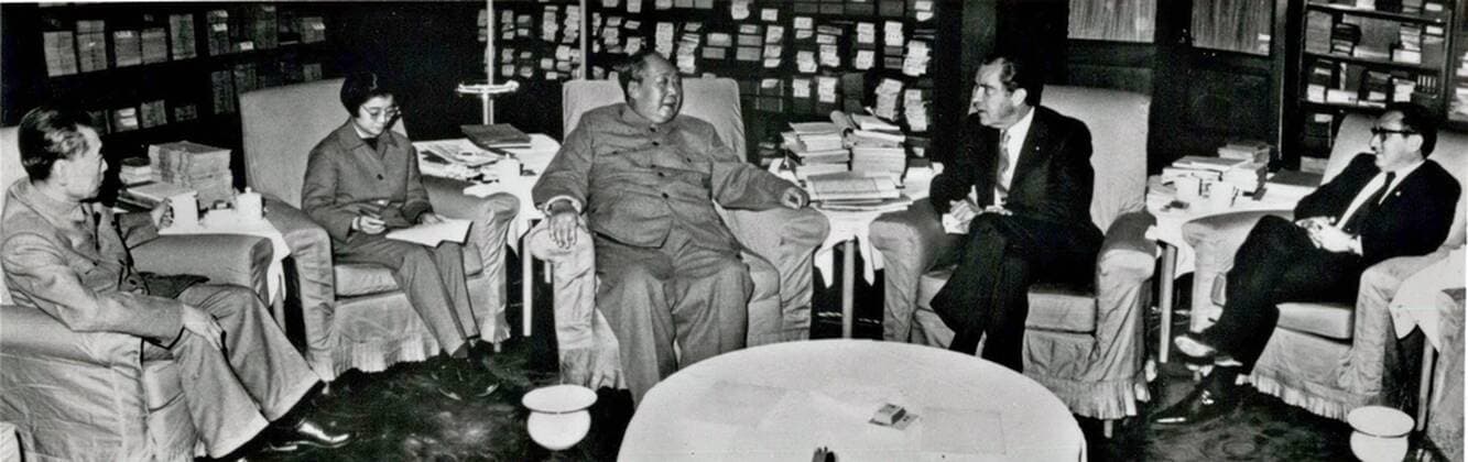 Feb. 15, 1972 - Beijing, China - (L-R) Chinese Premier ZHOU ENLAI, interpreter NANCY TANG, Chinese Chairman MAO ZEDONG (Mao Tse Tsung), US President RICHARD NIXON, and US National Security Advisor HENRY KISSINGER during a meeting as the two countries opened official diplomatic relations for the first time since the Communists took over China in 1949. Beijing China  - ZUMAk09