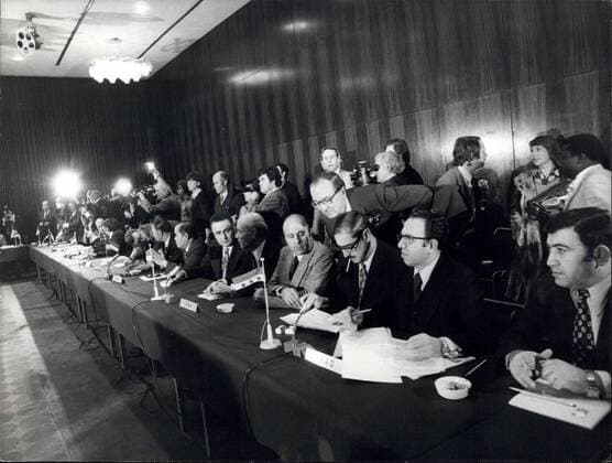 Jan. 08, 1974 - OPEC-Conference In Geneva: This week the oil-ministers of the countries organized in the OPEC in Geneva for a conference to establish new relations between them and the industrialized countries. A further hausse of the petrol-prize is not to the expected. Photo Shows a general view of the conference hall in Geneva.  - ZUMAk09