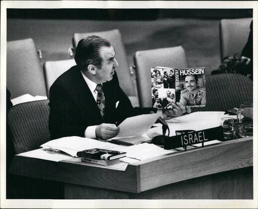Mar. 03, 1976 - Israeli Rep. to the U.N., Chaim Herzog, questing from a Biography of Jordan s King Hussein, Mr. Herzog was a verbal a hack on the P.L.O. at the security council discussion of Anti-Israeli invest on the occupied west bank of Jordan. This was the first Sec. Council debate that both Israel and the P.L.O. took part. New York U.S.  - ZUMAk09