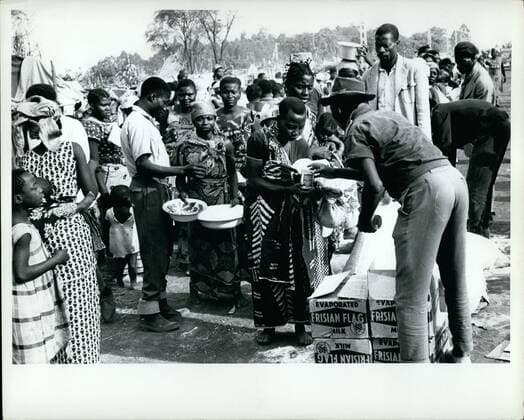 Feb. 25, 2012 - Elizabethville, Congo, 6 September 1961 Refugees from the conflict in the Republic of the Congo Ã¢â‚¬âÄœ As a result of the fighting an internal unrest currently prevailing in the Katanga Province of the Republic of the Congo, some 35,000 Congolese have sought the assistance of the United Nations until they are able to return to their homes. Refugees waiting in line for food ration of flour and silk supplied by UN in a camp.  - ZUMAk09