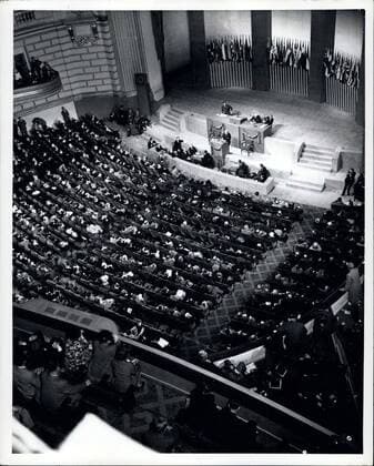 The San Francisco conference: Delegates of fifty nations met at San Francisco between April 25 and June 26, 1945. Working on the Dumbarton Oaks proposals, the Yalta Agreement, and amendments proposed by various Governments, the Conference agreed upon the Charter of the United Nations and the Statute of the New International Court of Justice. The Charter was passed unanimously and signed by all the representatives. It came into force on October 24, 1945, when China, France, the USSR, the United Kingdom, and the United States and a majority of the other signatories had filed their instruments of retification. W.L. Mackenzie King, M.P., Prime Minister of Canada, Chairman of the Canadian Delegation, speaking at the 2nd Plenary Session. - ZUMAk09