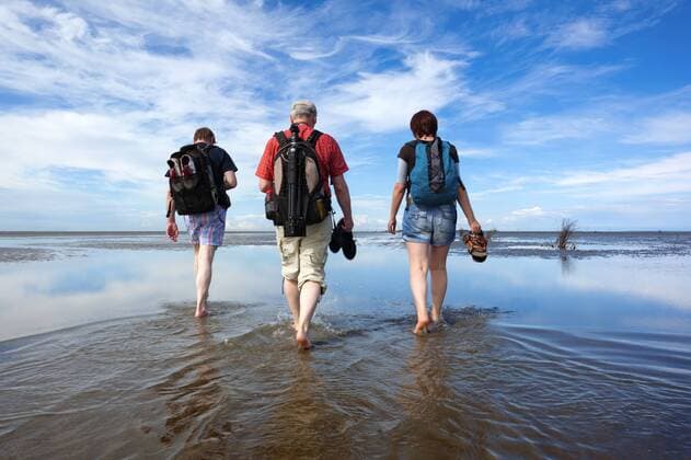 Europa; Deutschland; Cuxhaven; Niedersachsen; Hamburg; Neuwerk; Nordsee: Wanderer im Watt durchwaten ablaufendes Wasser zwischen Sahlenburg und der Insel Neuwerk