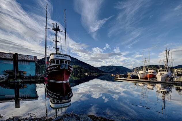 September Sunset at Seal Cove Prince Rupert BC--Salmon Trollers at Dock  acp70216