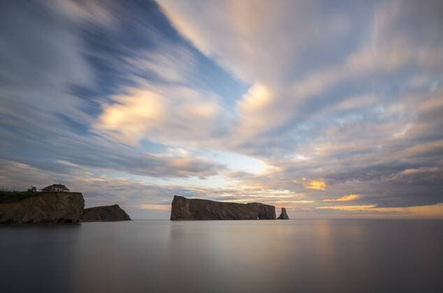 Rocher PercÃ© (Perce Rock) at sunset. Village of PercÃ©, GaspÃ©sie, QuÃ©bec, Canada.  acp73046 Photography
