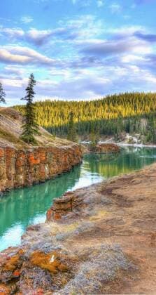 Panoramic hdr view of Miles Canyon at sunset in Whitehorse, Yukon.  acp37562