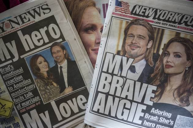 star has increased chance of cancer Newspapers in in New York on Wednesday, May 15, 2013 report on Angelina Jolie s decision to have a double mastectomy to reduce her risk of getting breast cancer. Brad Pitt and Angelina Jolie announced that they had gotten married on Saturday, August 23, 2014 in France. (  RICHARDxB.xLEVINE