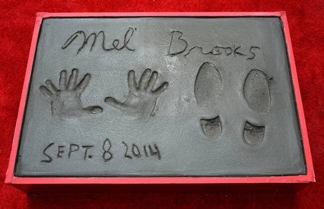 Actor and director Mel Brooks hands & footprints are on display following a ceremony in the forecourt of the TCL Chinese Theatre (formerly Grauman s), in the Hollywood section of Los Angeles on September 8, 2014.  LAP2014090822